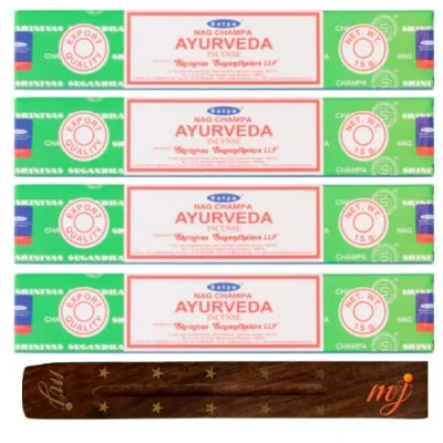 Image of Original Satya Nag Champa Ayurveda incense sticks with M&amp;J holder x4 pack for Aromatherapy, Spa, Yoga, Weddings, Meditation, Healing, Positivity and Relaxation