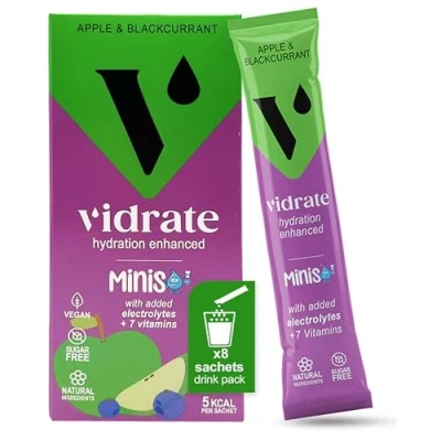 Image of Electrolytes Powder Minis Hydration Sachets with Vitamins &amp; For Kids Zero Sugar No Artificial Sweeteners Preservatives by ViDrate Apple Blackcurrant, 20