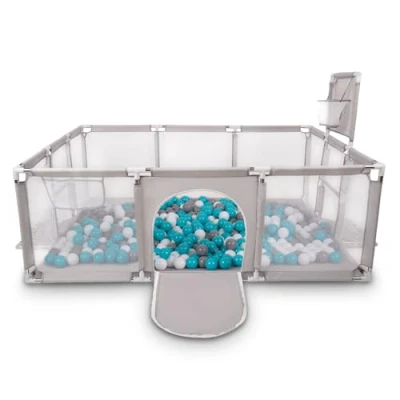 Image of Selonis Baby Playpen Big Size Playground with 100 Balls for Kids, Grey:Grey/White/Turquoise
