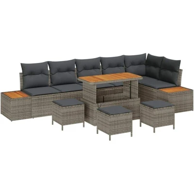 Image of vidaXL 10 Piece Garden Sofa Set with Cushions Grey Poly Rattan Acacia