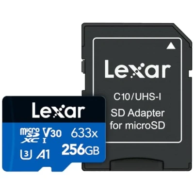 Image of Lexar High Performance 633x 256GB microSDXC UHS I Card with SD Adapter, C10, U3, V30, A1, Full HD &amp; 4K Video, Up To 100MB/s Read, for Smartphones, Tablets, and Action Cameras (LSDMI256BBNL633A)