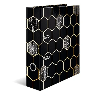 Image of HERMA Folder A4 Black Gold, 7 cm Wide, Children&#039;s Ring Binder with Elegant Pattern, Colourful Lever Arch File Shiny Finish for Boys and Girls