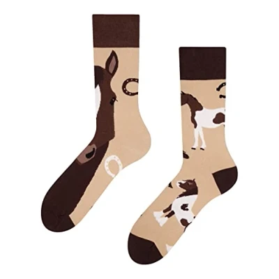 Image of Dedoles Unisex Socks for Women, Men &amp; Kids Cotton Funny Designs Football Bicycle Horses Plants Firefighter Gift Mismatched, Design: Kawaii Horse and Pony, Colour: Beige, Size: 5 7.5 W / 6 8 M UK