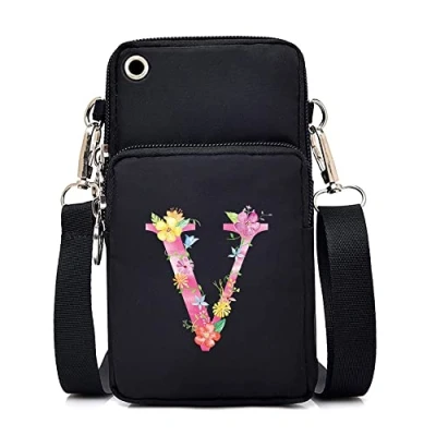 Image of FINDING CASE initial letter Printed Women Girls men Zipper Waterproof Nylon 3 Layers Crossbody Bags Wallet Cellphone Purse Shoulder Bag Wristlet Handbags Adjustable Strap (pink V)