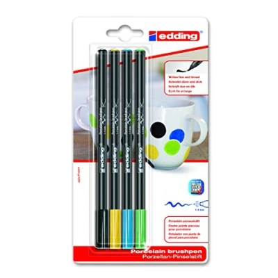 Image of edding 4200 porcelain brush pen black, yellow, blue, green 4 pens nib 1 mm felt for painting and decorating ceramics, dishwasher safe, lightfast ink, quick drying