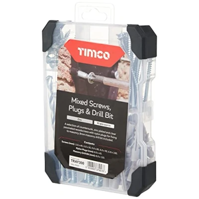 Image of TIMCO Mixed Tray Screws Plug &amp; Drill Bit zinc 91pcs A Selection of countersunk, Plated and Clear passivated woodscrews with Nylon Plugs for Fixing to Masonry