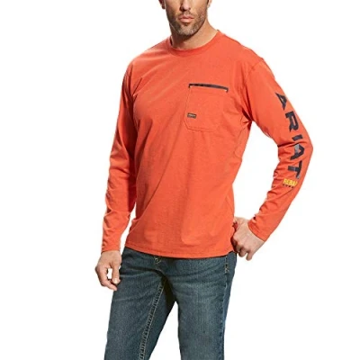 Image of ARIAT Men&#039;s Rebar Workman Logo Long Sleeve Crew Work Utility Tee Shirt, Red, S