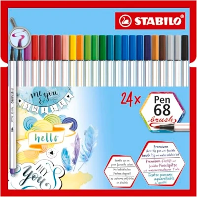 Image of Premium Fibre Tip Pen with brush STABILO 68 Pack of 24 Assorted Colours
