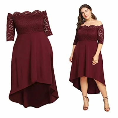 Image of Flo Women&#039;s Soft and Thick Fabric Midi Off Shoulder Attractive Casual Party Dress, Wine, Size XL or 2XL (2XL)