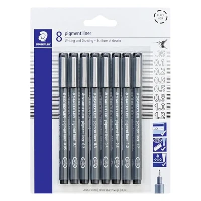 Image of STAEDTLER Pigment Liner Pack, Black, 8 Pens, Assorted Line Widths, 0.05mm, 0.1mm, 0.2mm, 0.3mm, 0.5mm, 0.8mm, 1.0mm, 1.2mm
