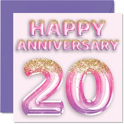 Image of Pretty China Anniversary Card for Wife Girlfriend Husband Boyfriend Pink Purple Glitter Balloons Happy 20th Cards from Family, 145mm x Greeting Twentieth Anniversaries