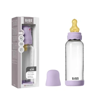 Image of BIBS Boheme Baby Glass Bottle 8 oz /240 ml. Anti Colic. Round Natural Rubber Latex Nipple. Supports Breastfeeding Violet Sky