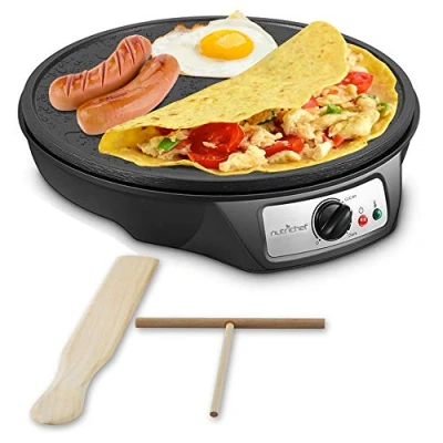 Image of Nutrichef Nonstick 12 Inch Aluminum Hot Plate with LED Indicator Lights &amp; Adjustable Temperature Control Wooden Spatula Batter Spreader Included PCRM12EU, Black