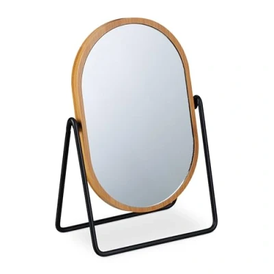 Image of Relaxdays Makeup Mirror, 360 Rotatable, 18 x 12 cm, Bamboo Frame, Metal Stand, Vanity, Dressing Table, Natural/Black, Glass, Iron