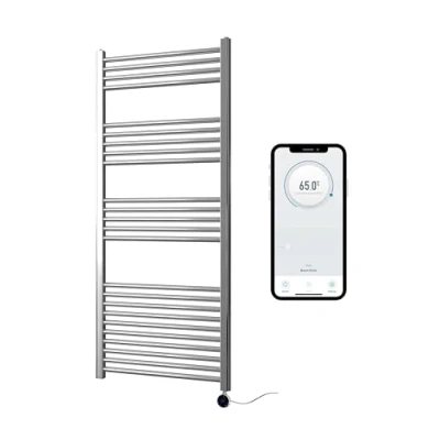 Image of Greened House Chrome Electric Smart WiFi Controlled Heated Towel Rail 600mm W x 1400mm H Flat 7 Day Programmable Timer App Compatibility