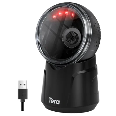 Image of Tera Barcode Scanner Desktop Omnidirectional: 1D 2D QR Hands Free USB Wired Bar Code Reader Adjustable Scan Head Plug and Play for POS Supermarket Retail Store Mobile Payment Model 9000