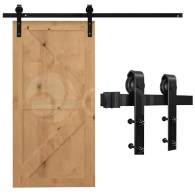 Image of Dihl 6 Foot Sliding Door Steel Flat Track Hardware System, Single Wooden Barn Closet Style Mounting Kit, Black, 6Ft / 183cm