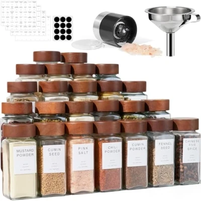 Image of Yangbaga 24PCS Glass Spice Jars set With Wooden Lids Shaker Spices &amp; Seasoning Kitchen Storage Organisation of And Labels Stickers…