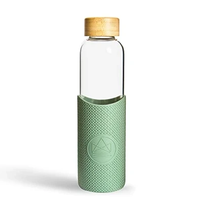 Image of Neon Kactus Glass Water Bottle Reusable Made with Borosilicate Travel For Hot &amp; Cold Drinks Durable, Leakproof, Non Slip Dishwasher Safe Happy Camper, 550ml