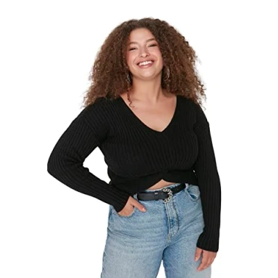 Image of Trendyol Women&#039;s V Neck Plain Regular Plus Size Sweater Sweatshirt, Black, 3X Large