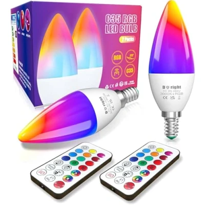 Image of DoRight E14 LED Colour Changing Candle Bulbs, 3W Dimmable Multi Color RGBW Light Remote Control, Memory &amp; Timing Function, 40W Equivalent SES Small Edison Screw, RGB + Warm White 3000K (2 Pack)