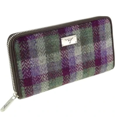 Image of Glen Appin of Scotland Harris Tweed Staffa Long Zip Purse in Green Check LB2100 COL133