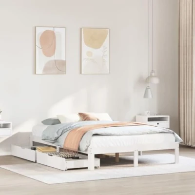 Image of vidaXL Bed Frame with Drawers 140x200 cm Pine Wood White Base Storage Modern Bedroom Furniture