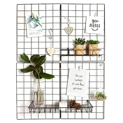Image of Gadgy Wire Wall Grid Black Set of 2 Metal Room Deco Aesthetic Hanging Photo Display Board Decor Pinboard Large Kitchen Desk Decoration Boards for Pictures
