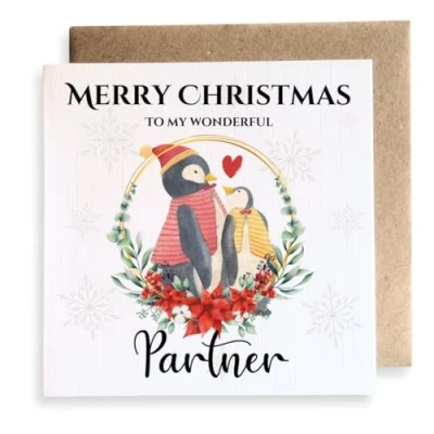 Image of Second Ave Partner Penguin Love Square Card Christmas Xmas Holiday Festive Greetings