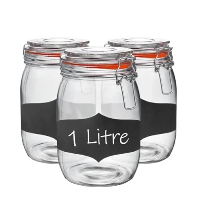 Image of Argon Tableware Glass Jars with Airtight Metal Clip Lid &amp; Chalkboard Stickers 1000ml/33.8oz 6 Pack 4 Colour Seals Round Container Preserving Jar for Pickling, Chutney, Jam, Coffee
