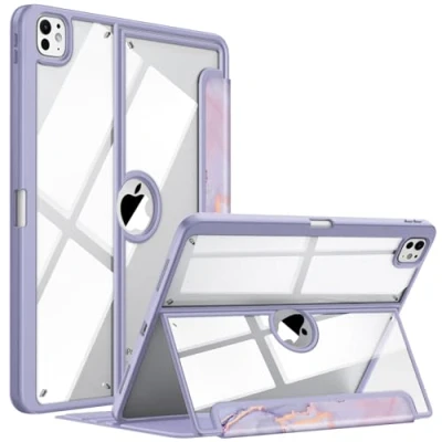 Image of Fintie Clear Case for iPad Pro 13 inch (M4) 2024 Multiple Angles Viewing Shockproof Soft TPU Cover with Transparent Back Shell &amp; Pencil Holder, Lilac Marble