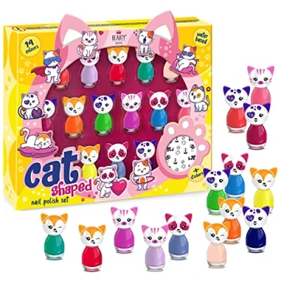Image of Cat Shaped Water Based Nail Polish Set, beauty4britain, 14 Colours, Quick Dry, Peel Off, Stickers Included, Display Gift Box