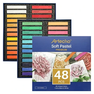 Image of Artecho Soft Pastel Set of 48, Including 4 Fluorescent colors Premium Square Chalk for Drawing, Blending, Layering, Shading, Art Supplies Kids, Beginners, Students, Experienced Artists