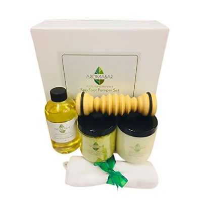 Image of Spa Foot Pamper Gift Set Includes Massage Oil, Fresh Feet Salts Soak, Dead Sea Scrub &amp; Wooden Roller Massager