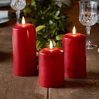 Image of Lights4fun Set of 3 TruGlow® Pillar Candles Battery LED Flameless with Timer Real Red Wax
