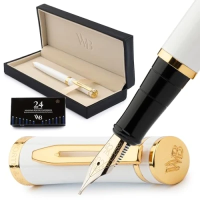 Image of Wordsworth &amp; Black Fountain Pen Set, Medium Nib, Includes 24 Ink Cartridges and Refill Converter, Gift Case, Journaling, Calligraphy, Smooth Writing Pens [White Gold], Perfect for Men Women