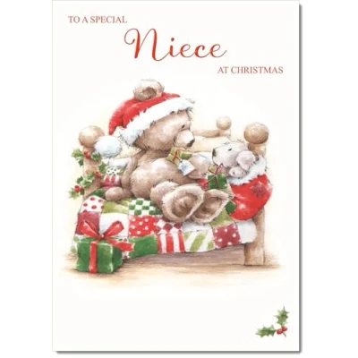 Image of doodlecards Niece Christmas Card Cute Bear on Bed Medium Size for with Plain Envelope
