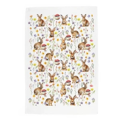 Image of Purely Home Bunny Rabbits Tea Towel Wild Meadow Animal Gift Panama Cotton Kitchen Dish Towel/Drying Cloth 67cm x 45cm