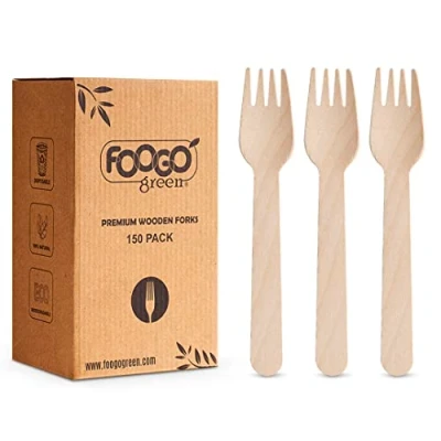Image of FOOGO Green 150pcs Disposable Wooden Forks, FSC® Certified, 16cm, Biodegradable Compostable, Eco Friendly Cutlery Set, Wedding Picnic Party Camping Catering, Like Bamboo Set