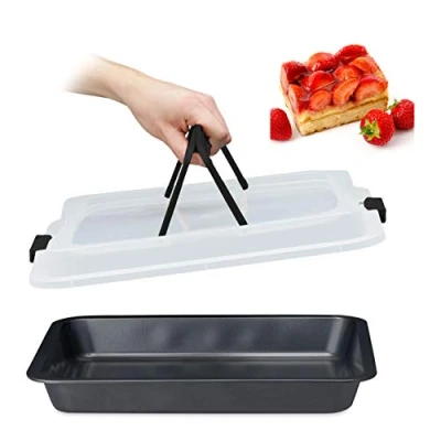Image of Relaxdays Baking Tray with Lid, Cake Carrier, Kitchen Storage Container Handles, 3in1, WXD: 40x33 cm, Carbon Steel, Black
