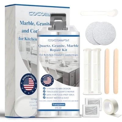 Image of Quartz Countertop Chip Repair Kit. Marble and Granite Kit.(Transparent) Quickly Chips Cracks &amp; Scratches. for Quartz, Granite, Other Natural Stone Surfaces.