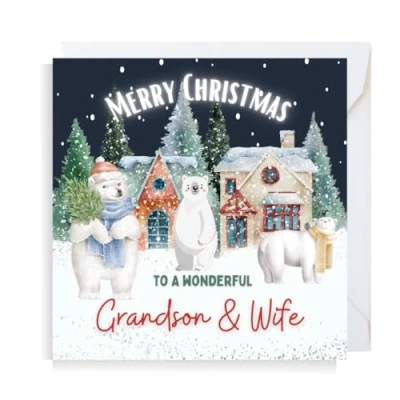 Image of Second Ave Grandson &amp; Wife Christmas Polar Bear Square Xmas Holiday Festive Greetings Card