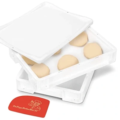 Image of RoyalFay® Pizza Ball Box 30 x 40 8 cm with Lid Plastic Container White for Dough Spatula Fermentation the Fridge Stackable (2 Boxes 1 Lid)