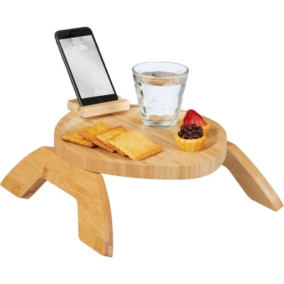 Image of Relaxdays Snack Tray for Sofa Armrest, Foldable, Tablet with Legs, Phone Holder, HWD: 12x30x30cm, Bamboo, Natural