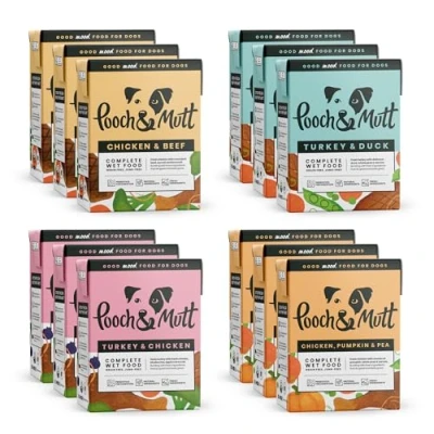Image of Pooch &amp; Mutt Variety Pack of Complete Wet Dog Food, Dry Food Topper, 12x375g