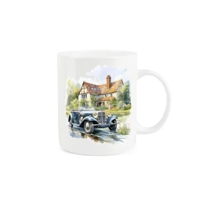 Image of Vintage Car Mug Painted Watercolour Blue Classic Country House Gift Present Tea Coffee White Bone China