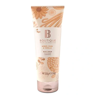 Image of Boutique Amber, Musk &amp; Vanilla Fragrance Body Scrub, 225ml Exfoliating Refreshing Essential Oils Vegan and Cruelty Free, No SLS or Parabens Made In England