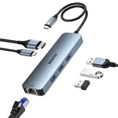 Image of BENFEI USB C HUB 6 in 1 with HDMI(4K@60Hz), Gigabit Ethernet, 100W Power Delivery, 3*USB 3.0, Silicone Cable, Aluminum Case Compatible iPhone 15 Pro/Max, MacBook, iPad Pro, iMac, S23, XPS17