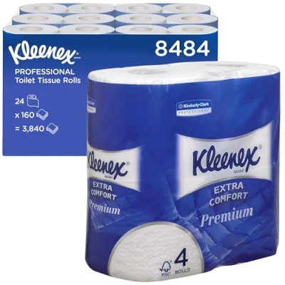 Image of Kleenex Toilet Roll 8484 4 Ply Premium Paper 24 Rolls x 160 White Tissue Sheets (3,840 sheets) , Pack of