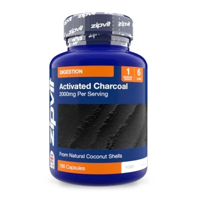 Image of Zipvit Activated Charcoal 2004mg. High Strength 180 Capsules. Natural Coconut Shells, Reduces Excessive Flatulence After Eating, Gas Relief. 1 Month Digestion Supplement